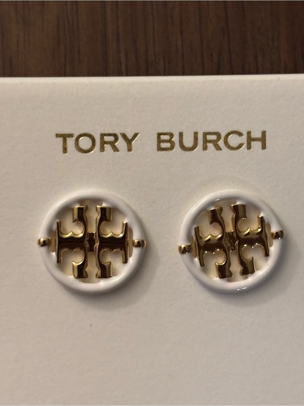 Tory Burch White and Gold Enamel Logo Stud Earrings